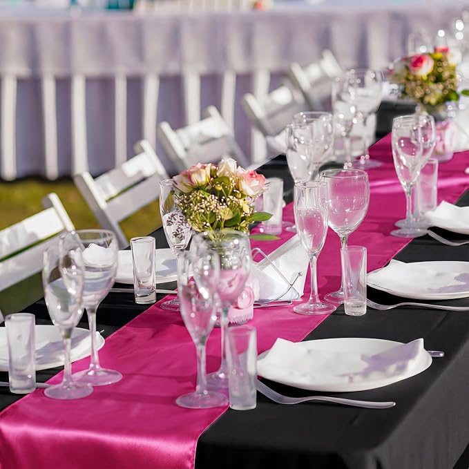 Breling 12 Pack Black and Hot Pink Disposable Plastic Tablecloths and Satin Table Runner Set, 54 x 108 Inch Tablecloth, 12 x 108 Inch Table Runners for Wedding Graduation Birthday Baby Shower