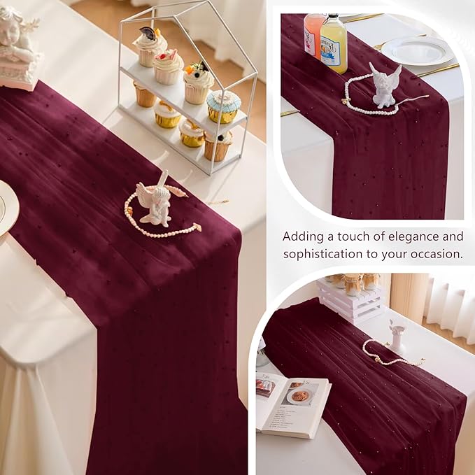 12 Pack 10FT Pearl Table Runner 30x120 Inch Burgundy Tulle Fabric Boho Rustic Sheer Table Runners Lace Table Cloth for Wedding Bridal Shower Birthday Party Arch Veil Dessert Table Decor (Burgundy)