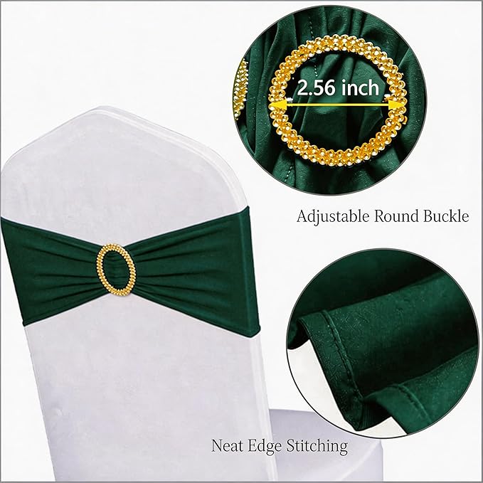 Pack of 100 Spandex Hunter Green Chair Sashes with Gold Buckles, Stretch Chairs Sashes for Wedding Party Baby Shower Ceremony Decor Chair Bands Bows (Hunter Green Sashes, Gold Buckles)
