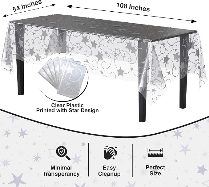 Exquisite Clear Silver Star Tablecloth Plastic 12-Pack Disposable Rectangle Tablecloths 54" x 108" Silver Star Table Cloths Rectangle Table Covers Plastic Tablecloth for Party Decorations