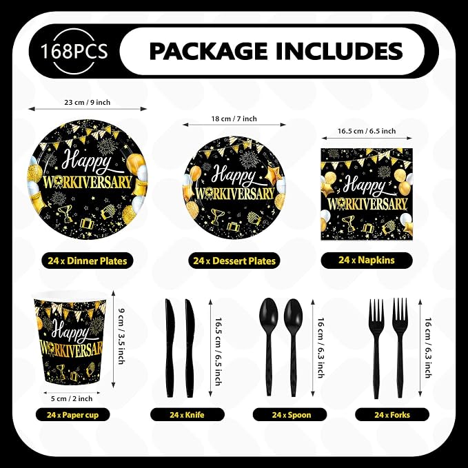 168Pcs Happy Workiversary Party supplies for Men Women, Serves 24 | Black Gold Happy Work Anniversary Plates and Napkins Cups Tableware Set for Worker Employee Appreciate Office Decorations