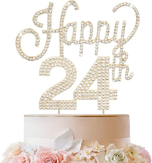 LINGTEER Happy 24th Birthday Gold Rhinestone Cake Topper - Cheers to 24th Birthday 24 Years Old Party Cake Centerpieces Topper Decorations Gift Sign.