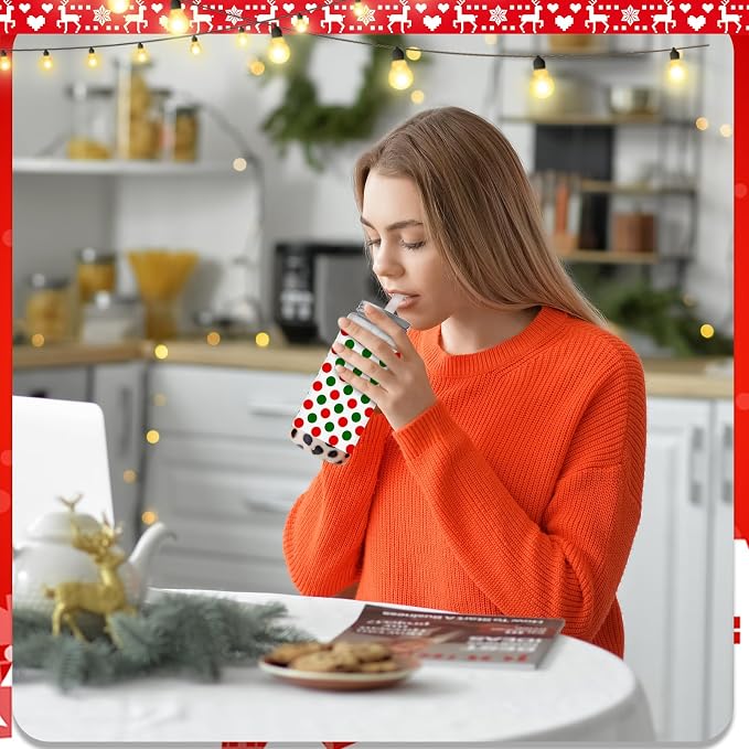 Skylety 30 Pcs Christmas Plastic Cups with Lids and Straws 13.5 oz Red and Green Striped Reusable Plastic Tumbler Christmas Party Decor for Xmas Women Birthday Party Supplies