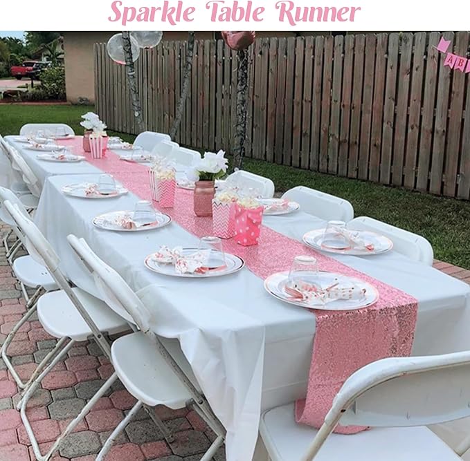 6 Pack Pink Valentine's Day Sequin Table Runner Table Cloths 12" x 70" Sparkle Table Runner for Baby Bridal Shower Wedding Birthday Party Table Decor (Pink)