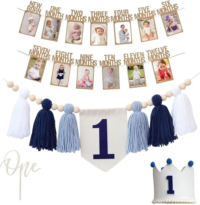 Handmade 1st Birthday High Chair Banner Birthday Decorations for Baby Boy with Garland Crown Hat Wild One Cake Topper Baby Photo Banner for Boy Wall Hangings Decorations(White)
