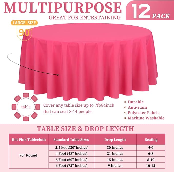 Showgeous 12 Pack Hot Pink Round Tablecloth 90 Inch Polyester Table Cloth for Round Tables Washable Decorative Fabric Table Covers for Wedding Dining Party