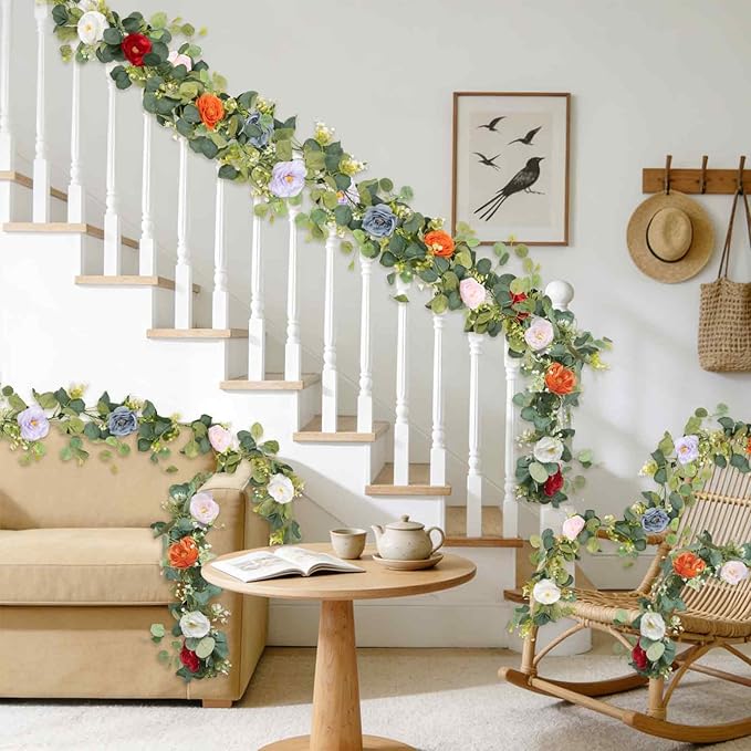 2Pcs(10FT) Artificial Eucalyptus Garlands with Rose Flowers, Faux Floral Greenery Garland Fake Flower Vines for Valentine's Day Wedding Table Arch Party Anniversary Backdrop Decor (Colorful)
