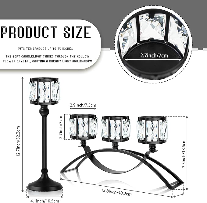 Black Set of 3 Crystal Candle Holders Arched - Elegant Tabletop Candelabra Centerpiece for Weddings, Dining Room Decor, Modern Home & Cabinet Display Housewarming