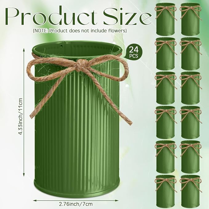 Rustic Vase for Table Centerpieces 4.33 Inch Small Petite Flower Vase with Twine Bow Vintage Farmhouse Decor for Wedding Reception Dining, Home Galvanized Metal Buckets(Sage Green,24 Pcs)