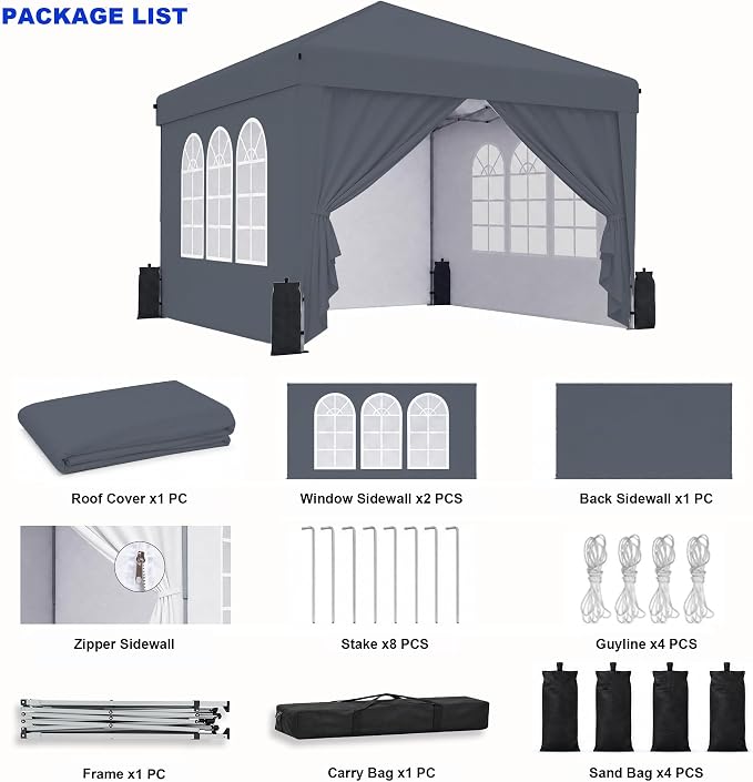 SANWAY 10x10 Pop Up Canopy with Sidewalls, Easy Setup Instant Canopy Tent, Portable with Carry Bag for Outdoor Events, Camping, and Backyard Parties – Dark Gray