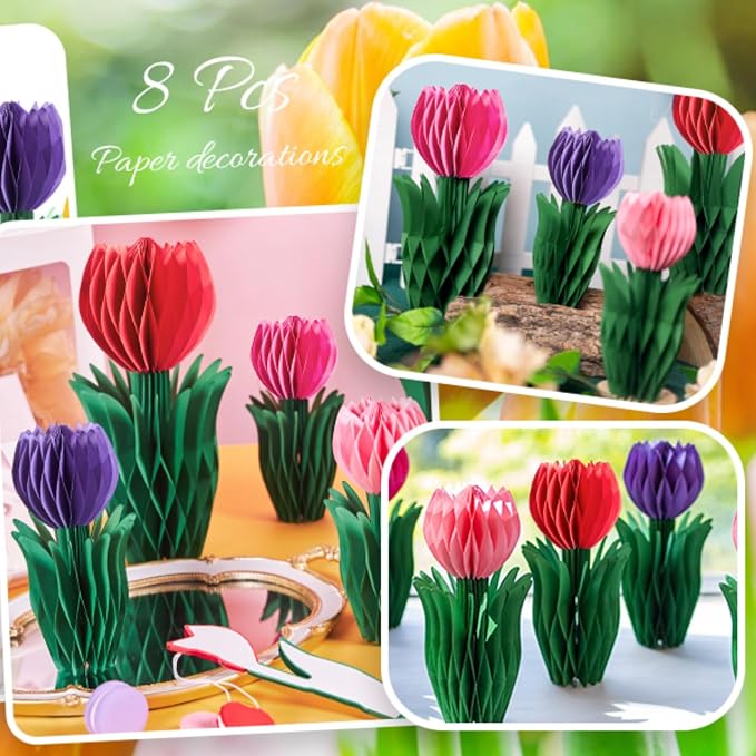 SUNBEAUTY 8 PCS Tulip Honeycomb Decorations, Spring Decorations for Office, Spring Table Decor, Red Tulip Honeycomb Flower Decorations Spring Centerpieces for Tables Mother Day Spring Party Womens Day