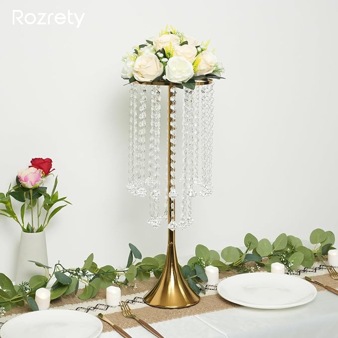 4 Pcs Gold Centerpieces for Table, Rozrety Wedding Centerpiece Vases for Tables 22inch Tall Metal Crystal Flower Stand for Party Event Wedding Anniversary Dinner Home Decorations | Rust-Resistant Metal with Crystal Drops, Versatile Style, Easy Assembly...