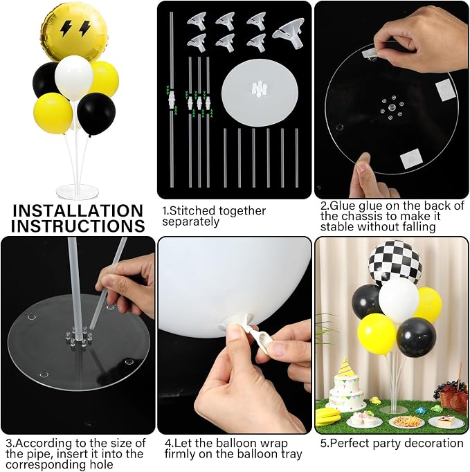 Smile Party Balloons Stand Kit 2 Sets with 2 Black White Checkered Foil Balloons Happy Face Themed Party Balloon Centerpiece for Tables for Baby Birthday Party Yellow Smile Face Themed Decorations