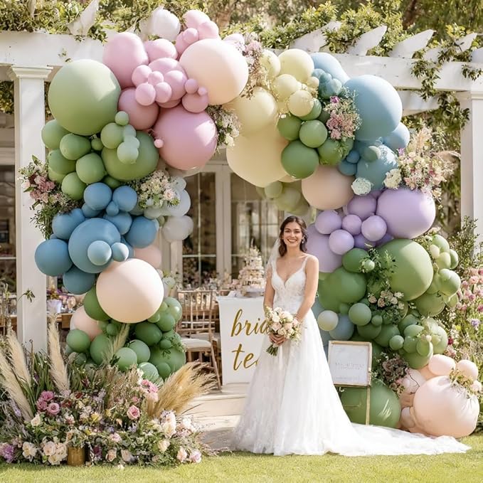 Blue Green Pink Balloon Garland Double Stuffed Sage Green Dusty Blue Pink Purple Lavender Balloons Pastel Balloon Arch Kit for Birthday Baby Shower Gender Reveal Flower Tea Party Decorations