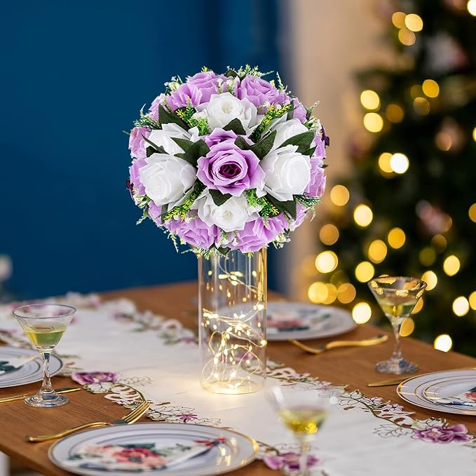 BLOSMON Lilac Purple Flowers Artificial: 2 Pcs Fake Roses Flower Balls Centerpiece for Wedding Table Decoration- Artificial Silk Kissing Bouquet Floral Arrangement for Home Party Event Decor | Wedding Table Decoration Floral Arrangement - Faux Silk Kis...