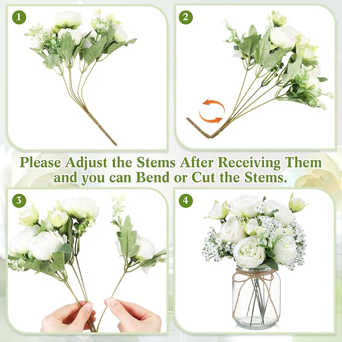Zeyune 12 Sets Mason Jar Centerpiece Table Decorations, Artificial Peony Baby's Breath Flower Bouquets, Faux Flowers with Vase, Rustic Decor Gifts for Home, Wedding, Holiday (Green)