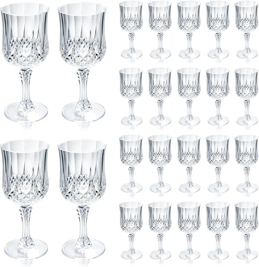 CHLJAR 24 PCS Plastic Clear Wine Glasses Goblets Clear Vintage Wine Glasses, Reusable Drinkware Vintage Champagne, Plastic Goblets for Parties for Wedding Reception Grand Event Party, 7oz