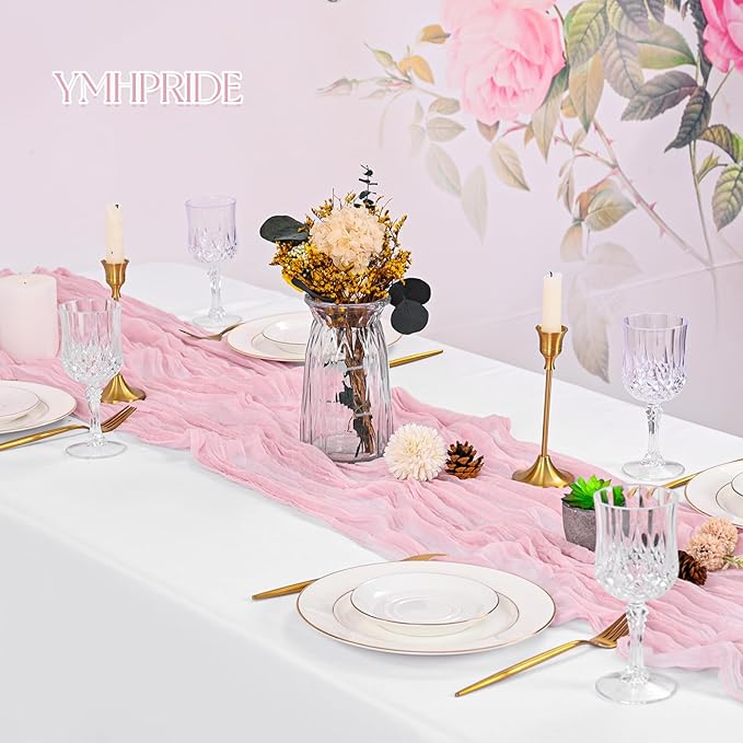 8 Pack Light Pink Cheesecloth Table Runner 120 Inch 10FT Spring Boho Rustic Sheer Gauze Cheese Cloth Table Runner for Wedding Baby Shower Birthday Party Table Decor