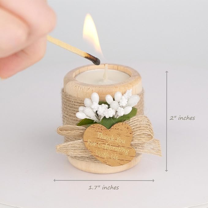 12PCS Wooden Tealight Candle Holders, Wedding Thank You Favors for Guests, Baptism/Bridal Shower Centerpieces for Tables, Wood Cylinder Candle Set for Baby Shower Decorations(Double Heart Tag)