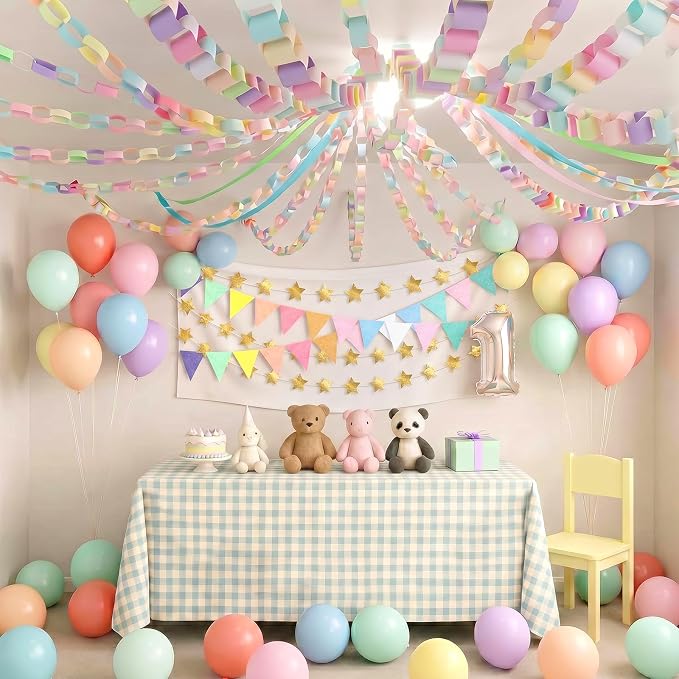 TaoBary Birthday Party Decor Kit 600 Sheet Paper Chain Garland Strips 656ft Crepe Paper 52ft Star Garland 52ft Felt Pennant Flag Pastel Ceiling Swirls 50 Balloons for DIY Birthday Wedding Party