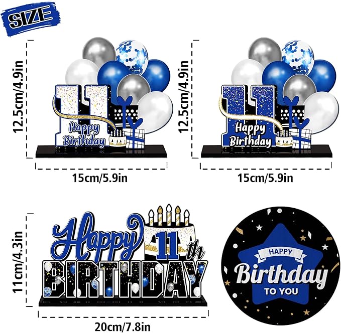 LINGTEER Happy 11th Birthday Blue Acrylic Table Topper Centerpieces Set - Cheers to Eleven Years Old Birthday 11th Bday Party Gift Decorations.