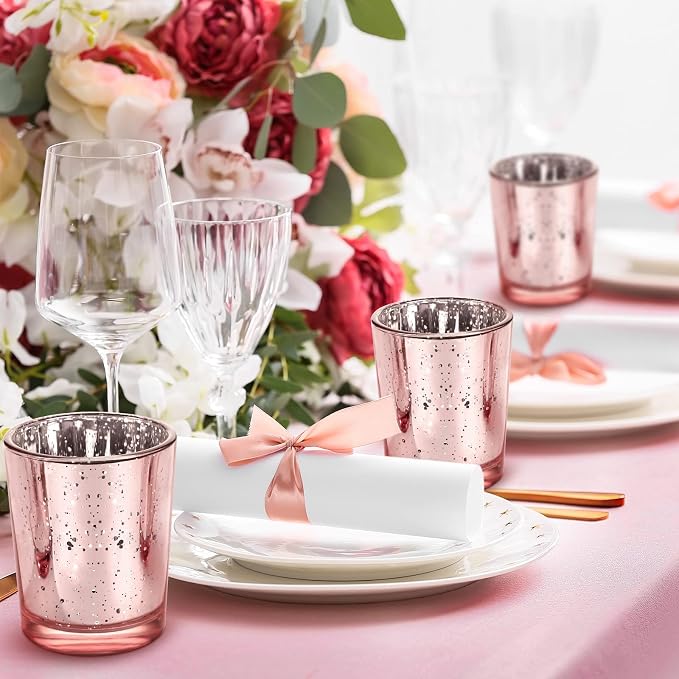 Raiten 50 Pcs Votive Candle Holder Bulk Glass Votive Candle Holder Tealight Candleholder Wedding Centerpiece for Table Home Birthday Anniversary Bridal Shower Party(Rose Gold)