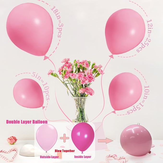 Pink Balloons Different Sizes,Scmdoti Double Stuffed Pink Balloon Arch,Pastel Pink Balloons Garland,18/12/10/5 Inch Pink Balloons for Boho Party, Baby Shower, Birthday, Weddings (Jelly Pink)