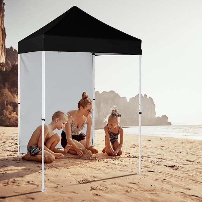 5x5 Pop Up Canopy Tent with One Sidewall, Instant Portable Beach Canopy, Outdoor Tent with Carry Bag for Camping, Sports, Tailgating, Events, Black