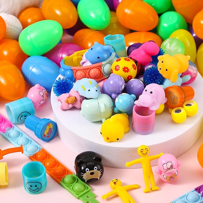 100 PCS Prefilled Easter Eggs with Toys Inside, Plastic Easter Eggs Filled with Toys Bulk for Easter Egg Hunting, Assortment Birthday Party Supplies Gifts Classroom Carnival Prizes for Boys Girls