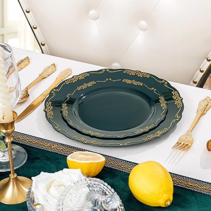 DaYammi 150Pcs Green Plastic Plates with Gold Silverware,Green Disposable Plates for Party include 30 Dinner Plate,30 Dessert Plate,90 Gold Plastic Cutlery,green gold plate for Party Dinner