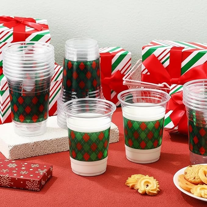 100 Pack Red and Green Plaid Plastic Cups 16 oz Disposable Checkered Spring Party Cups Bulk for Picnic Rustic Birthday Party Baby Shower Supplies