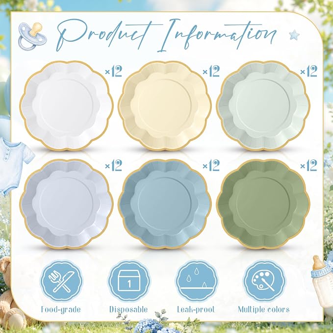 72 Pcs Boy Baby Shower Paper Plates 9 Inch Sage Green Blue Gradient Scalloped Paper Disposable Dinner Dessert Plates for One Silly Goose Birthday Wedding Bridal Party Supplies, 6 Colors