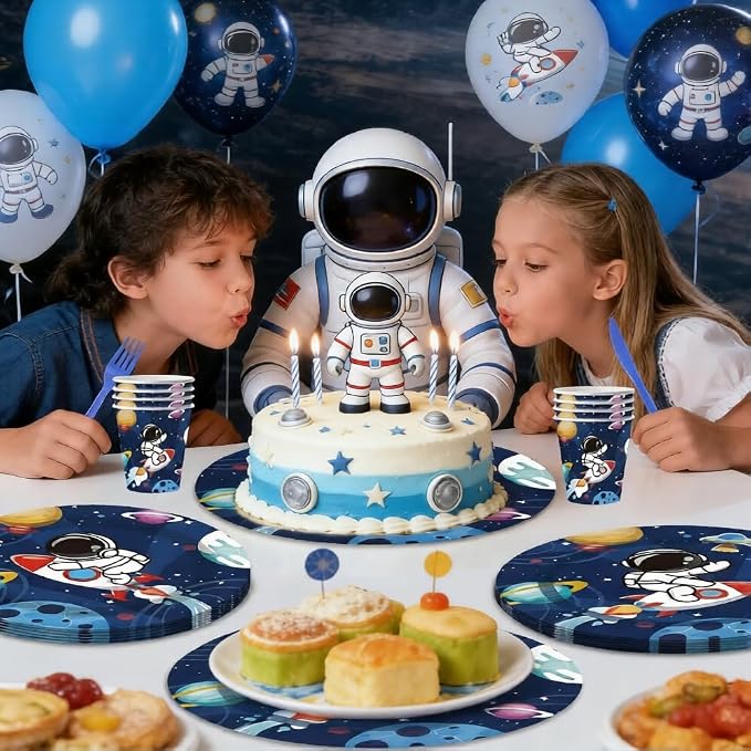 Outer Space Birthday Party Supplies Serve 20 Space Party Tableware Set, Happy Birthday Banner Tablecloth Paper Plates Cups Napkins Knives Forks Spoons for for Astronaut Theme Party Supplies