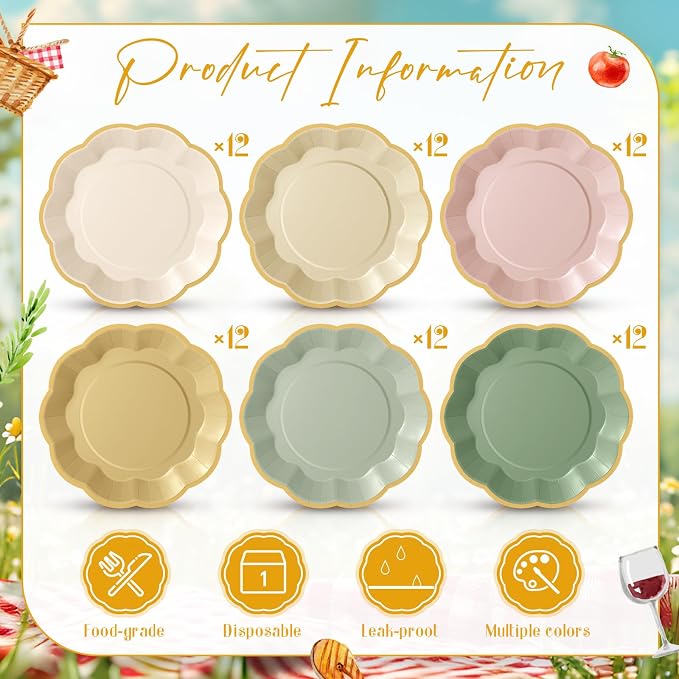 72 Pcs Pink and Green Paper Plates 9 Inch Sage Pink Beige Yellow Gradient Scalloped Paper Disposable Dinner Dessert Plates for Jungle Safari Birthday Wedding Bridal Party Supplies, 6 Colors