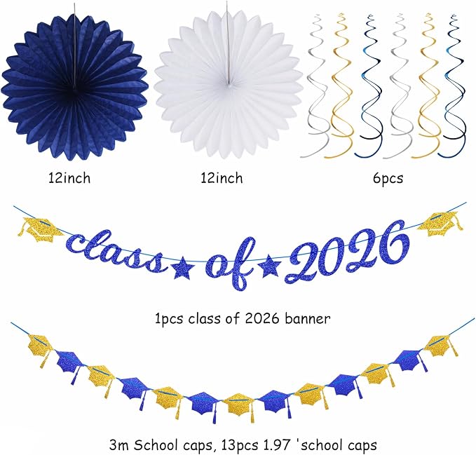 2026 Blue Class-Congratulations Prom Graduation Party-Decorations - 22pcs High School College Grad Supplies Decor, Royal Navy White Gold Tissue Pom Poms Streamers, Paper Flowers Lanterns Hugmoon