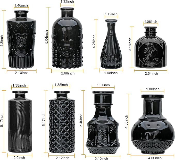 Black Flower Vase Set, Glass Bud Vase in Bulk Set of 8,Artistic and Cultural Flavor Mini Vases for Home Office Decor, Bedroom, Office, Living Room Decorations,Wedding