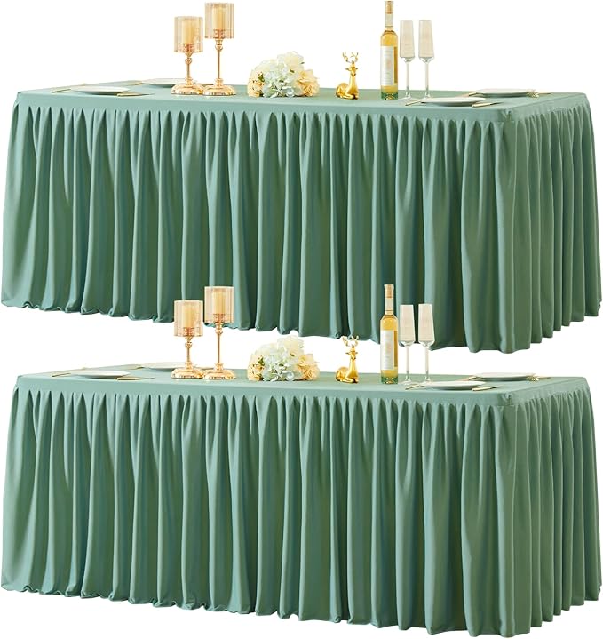 2 Packs Sage Green Tableclothes for 4 Foot Rectangle Tables, Wrinkle Free Fitted Table Cloth 4ft Stretch Table Cover with Skirt for Parties Weddings Birthday Banquet Baby Shower