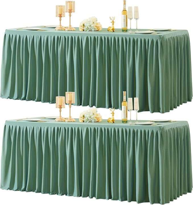 2 Packs Sage Green Tableclothes for 8 Foot Rectangle Tables, Wrinkle Free Fitted Table Cloth 8ft Stretch Table Cover with Skirt for Parties Weddings Birthday Banquet Baby Shower