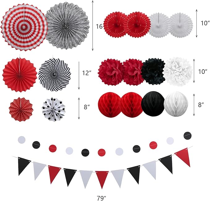 Red and Black Party Decorations, 23Pcs Hanging Paper Fans Party Decoration with Honeycomb Balls and Pom Poms Flowers for Birthday Wedding Graduation Game Night Boy Girl Party Decorations