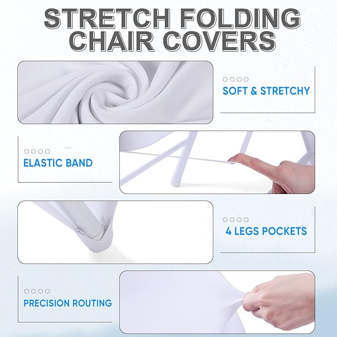 Lounsweer 50 Pcs Folding Chair Cover Set with 25 Stretch Spandex Slipcovers 25 Satin Chair Sashes Bows Ribbon Washable Banquet Protector for Wedding Event Party(White, White)