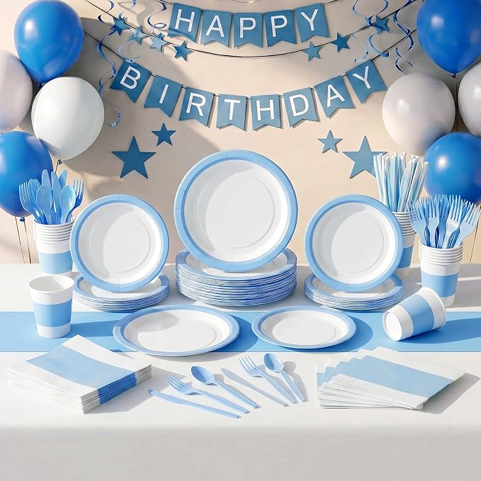 Funnymoom 452 Pcs Light Blue and White Party Supplies Serves 50 Guest, Baby Blue Paper Plates Cups Napkins Tablecloth Cutlery Straw Tableware Set for Baby Shower Birthday Wedding Party Decoration