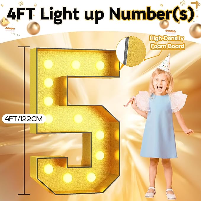 4FT Large Light Up Numbers 5, Gold Number 5 Marquee Frame Marquee Mosaic Numbers for 5th Birthday, Giant Light Up Number 4 Feet Tall DIY Frame Pre-Cut Foam Board Kit for Graduation Anniversary Party