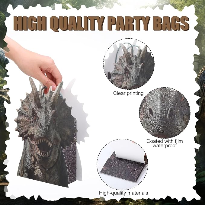 Tosstuki 24 Pcs Realistic Dinosaur Party Favor Bags 3D Dinosaur Birthday Gift Goodie Bags with Handles Dino Treat Paper Bag for Candy Dino Themed Birthday Party Decorations Supplies