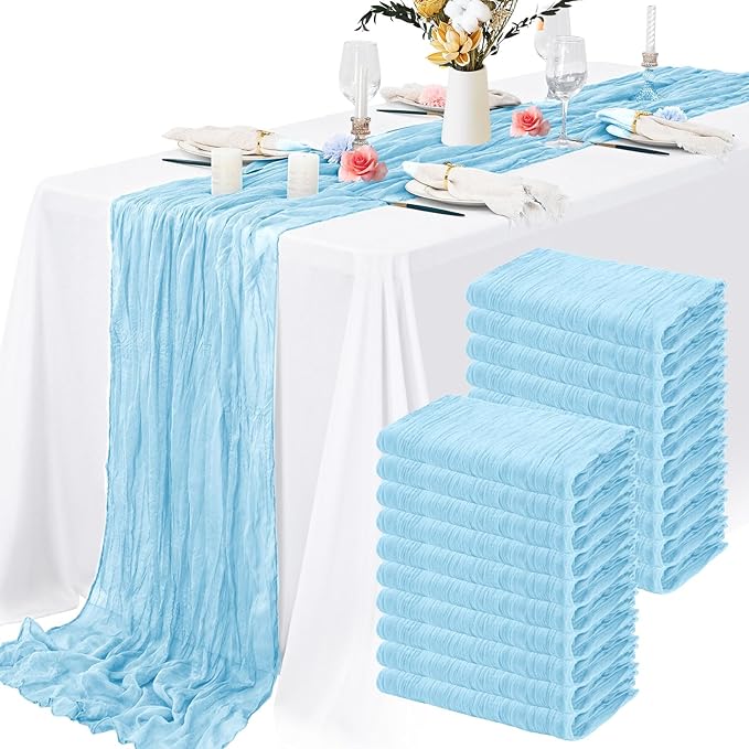 8 Pack Light Blue Cheesecloth Table Runner 10FT Long Boho Gauze Fabric Table Runner Vintage Rustic Sheer Runners for Wedding Party Bridal Baby Shower Table Decorations