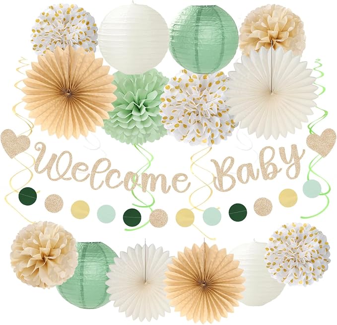 Sage Green White Welcome Baby Shower Party-Decorations - 22pcs Girl Boy Woodland Champagne Gender Neutral Banner, Paper Lanterns Streamers,Tissue Paper Pom Poms Flowers Fans Garland Decor Sign Hugmoon