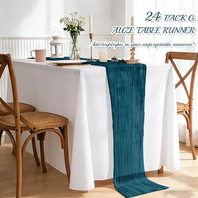 Pesonlook 24 Pack Cheesecloth Table Runner,Teal Table Runner Long Romantic Semi Sheer Rustic Boho Gauze Table Runners for Wedding Bridal Shower Birthday Party Decorations(17.7×108 Inch)
