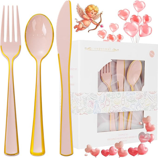 Supernal 120 PCS Pink Plastic Silverware Heavy Duty - Disposable Pink Utensils with Gold Silverware Set Include 40 Forks, 40 Knives and 40 Spoons for Valentines Day/Birthday Party/Wedding
