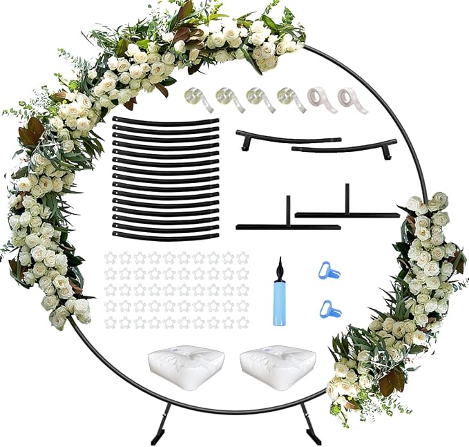 Queension Large Wedding Arch for Ceremony 7 Ft, Metal Balloon Arches Backdrop Stand with Metal Base for Party Supplies, Outdoor Garden Trellis with Water Bag for Climbing Plant, Round Frame, Black
