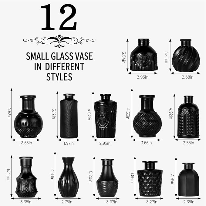 Mini Bud Vases As Wedding Centerpieces for Tables,Clear Bud Vases for Flowers,Small Flower Vases Suitable for Birthday Party,Anniversary,Wedding Reception,Baby Shower (Matt Black, 12PCS)