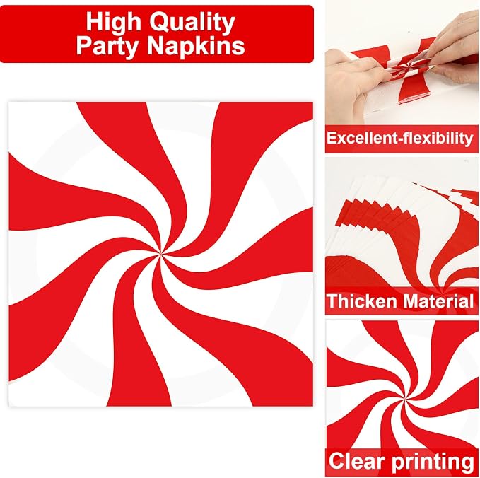 50 Guests Christmas Candy Cane Plates and Napkins Party Supplies Peppermint Party Decorations Disposable Tableware Set Red and White Striped Dinnerware Favor for Holiday Xmas Theme Party, 200PCS